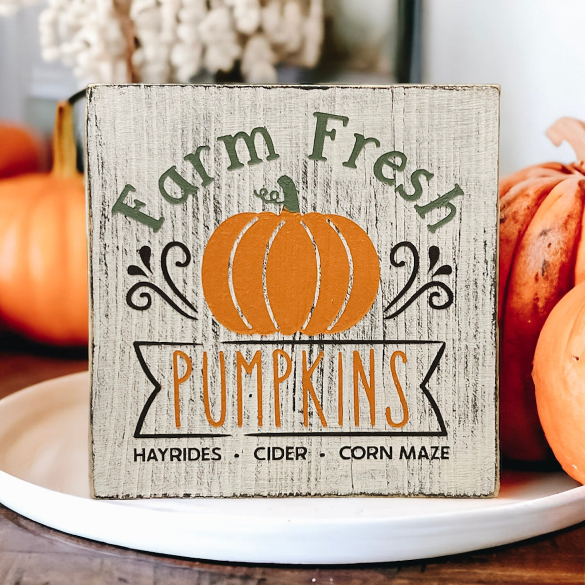 Farm Fresh Pumpkins wood block sign close up showing pumpkin design and Hayrides Cider Corn Maze lettering