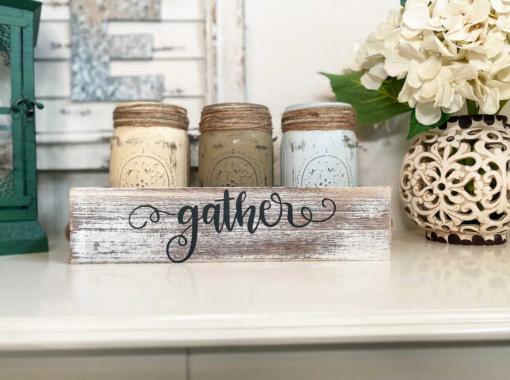 Farmhouse mason jars in whitewashed Gather tray on white console with hydrangeas side angle