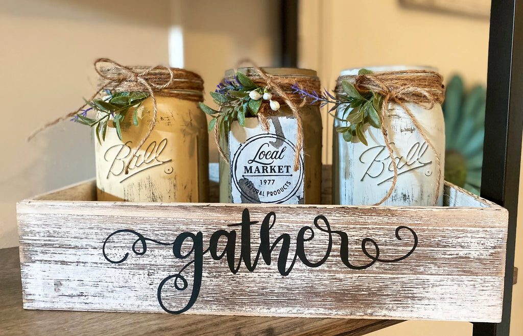 Farmhouse mason jars in dark walnut Gather tray on wood table with gold and white jars