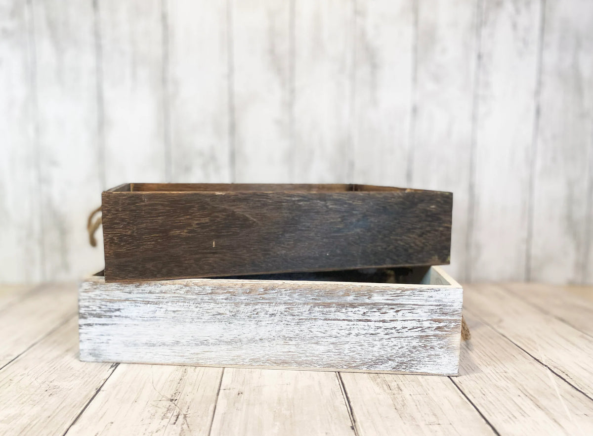 Two tray color options side by side - whitewashed and dark walnut stained wood trays