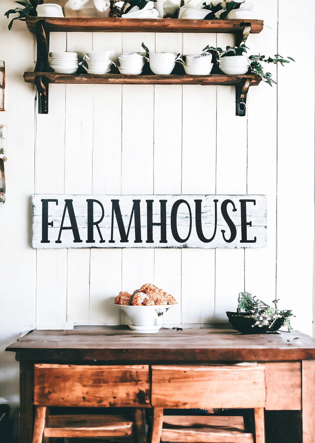 Farmhouse sign on white shiplap wall with open shelving