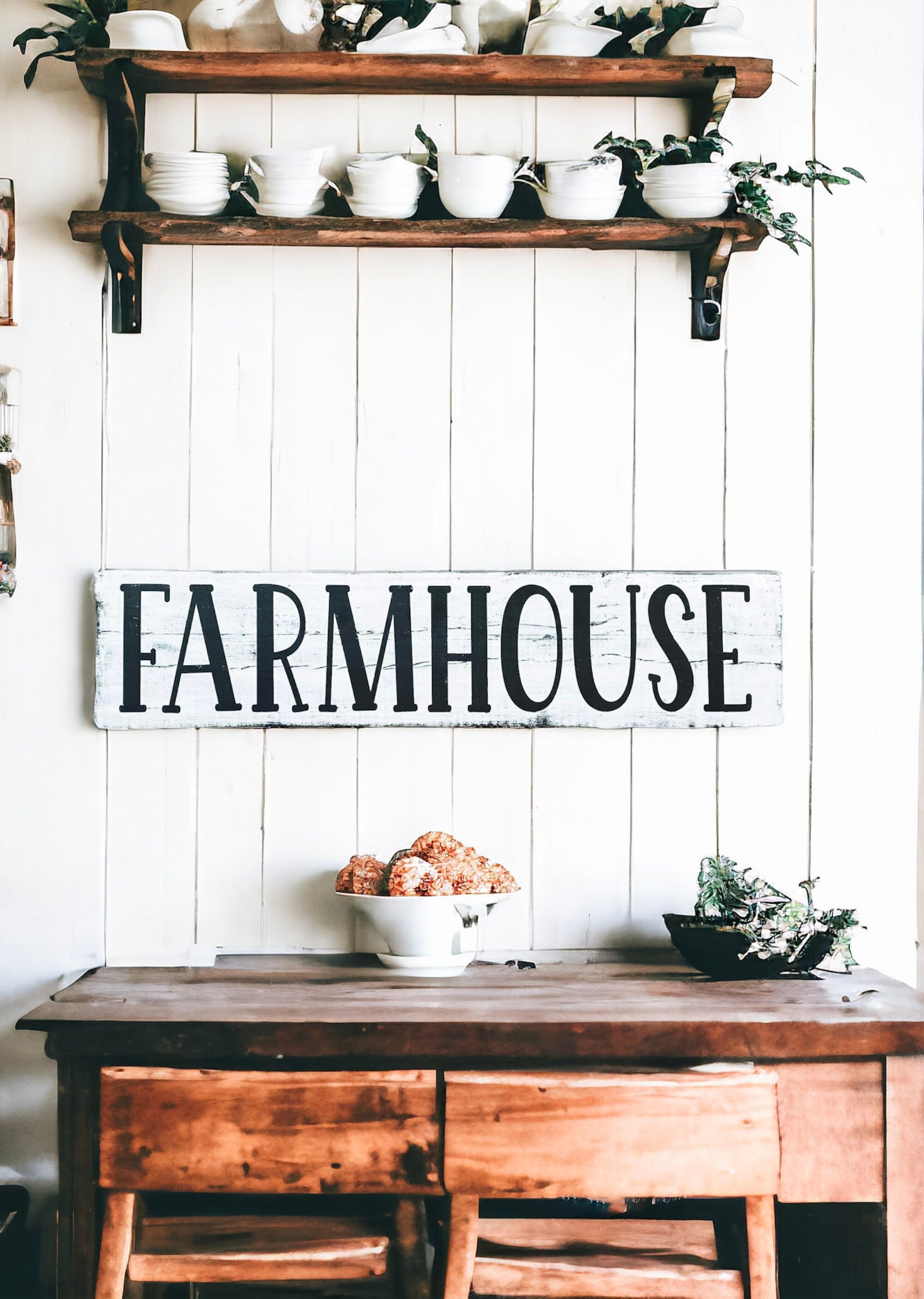 Farmhouse sign on white shiplap wall with open shelving