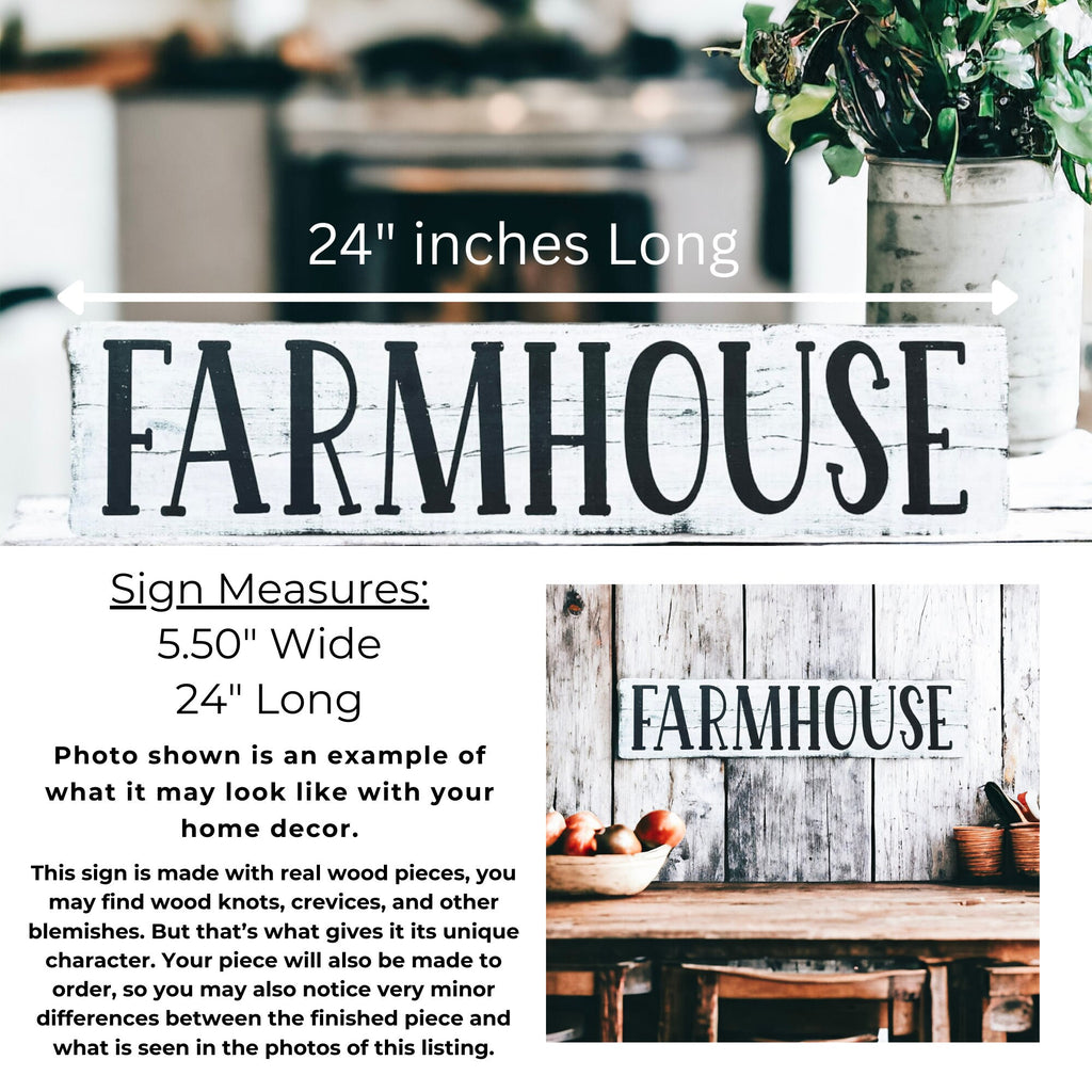 Farmhouse sign styled with greenery and white ceramics