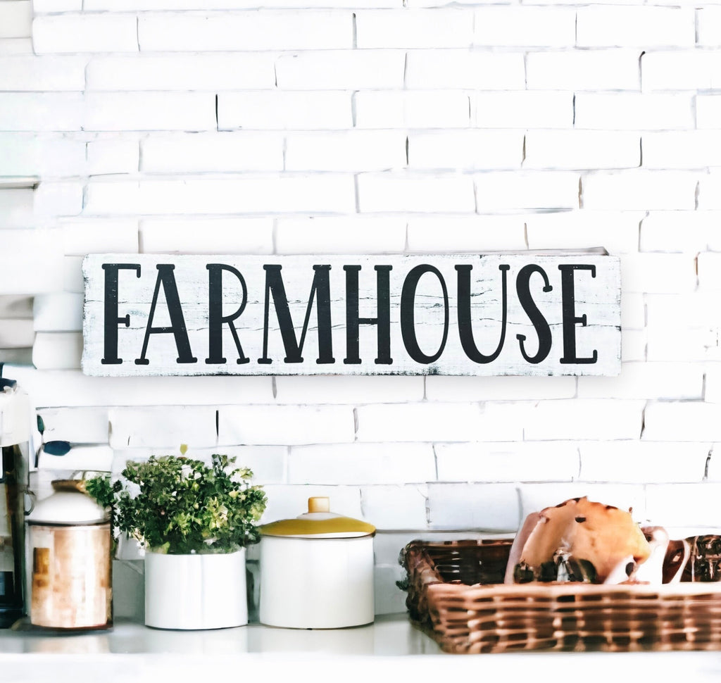 Farmhouse sign close up on distressed white finish