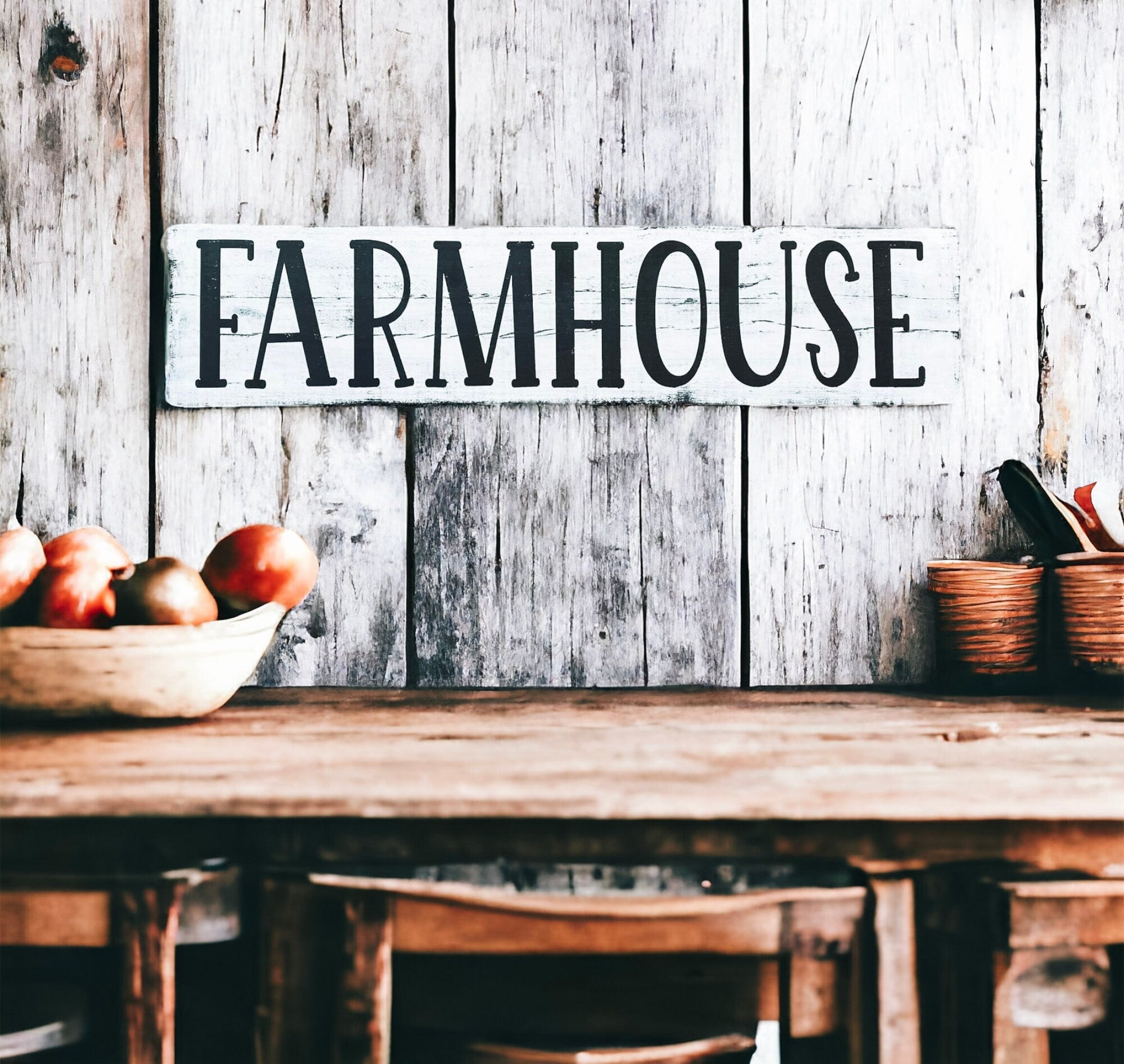 Farmhouse sign on weathered wood wall