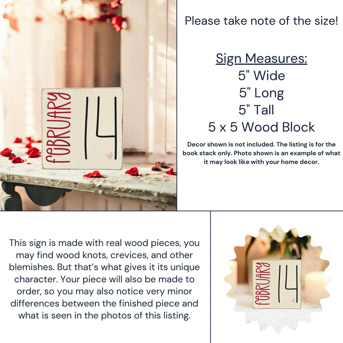 February 14 sign on vintage table with rose petals and sheer curtains