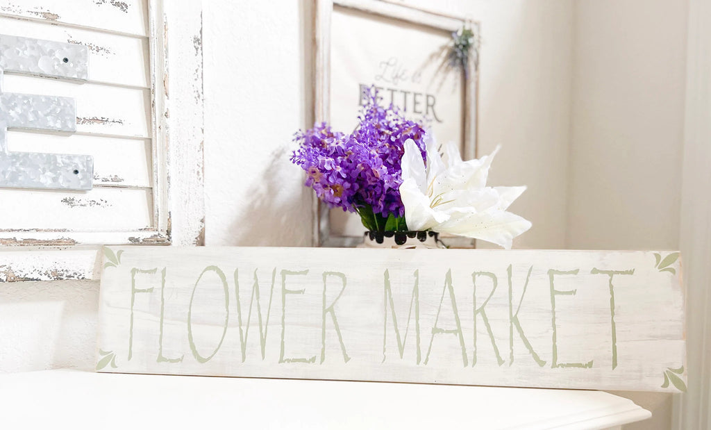 Flower Market sign front view showing leaf corner details and distressed finish