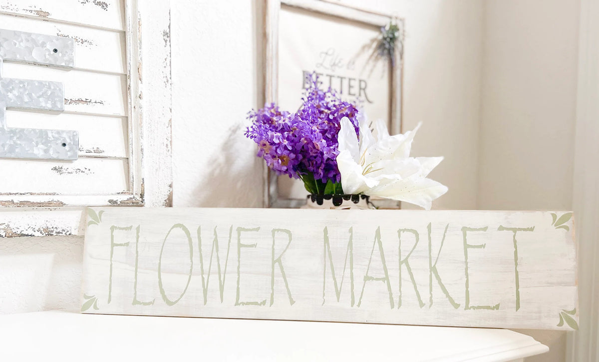 Flower Market sign front view showing leaf corner details and distressed finish