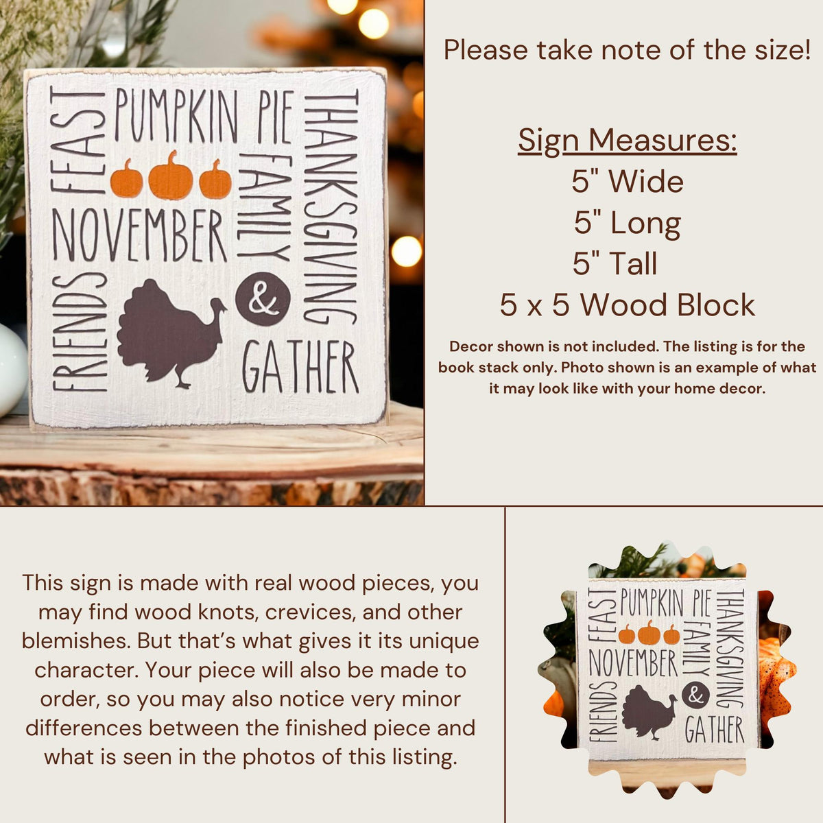 Thanksgiving farmhouse word collage wood block sign with turkey silhouette on rustic wood slice with white floral arrangement and bokeh lights