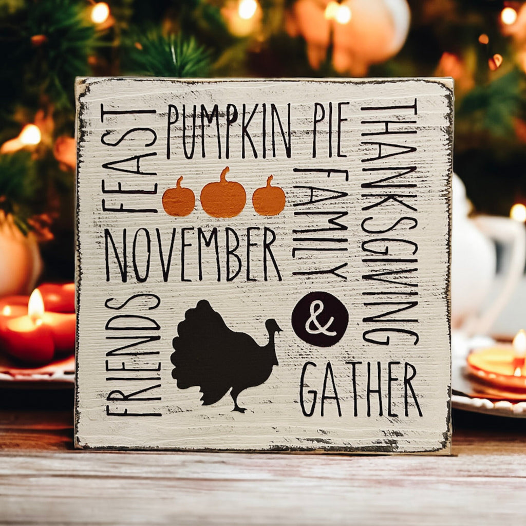 Thanksgiving farmhouse word collage wood block sign size reference infographic showing 5 inch wide 5 inch long 5 inch tall wood block