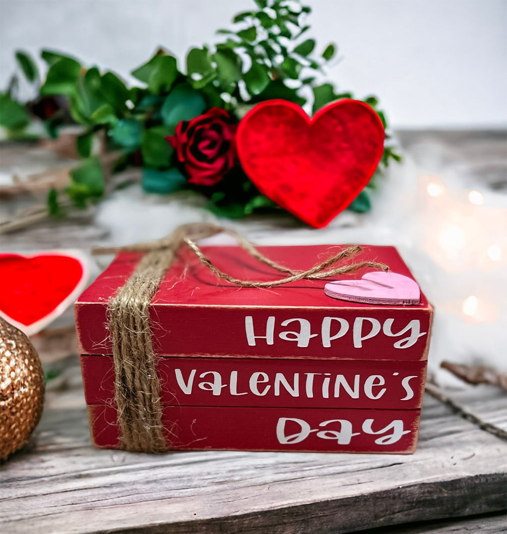 Happy Valentine's Day red wood book stack size reference infographic showing 3.75 wide 5 long 2.50 tall dimensions