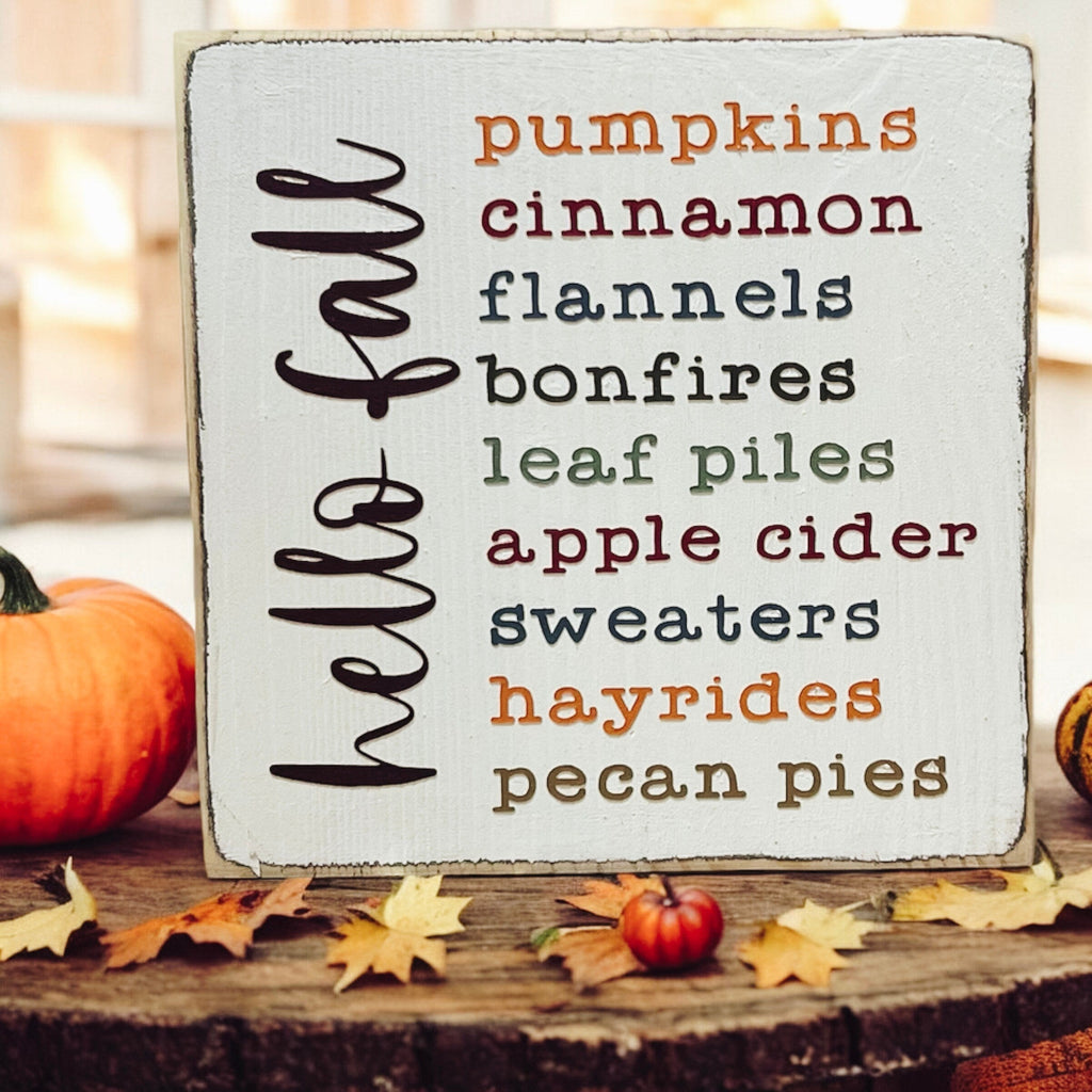 Hello Fall Favorites wood sign on tiered tray with pumpkins