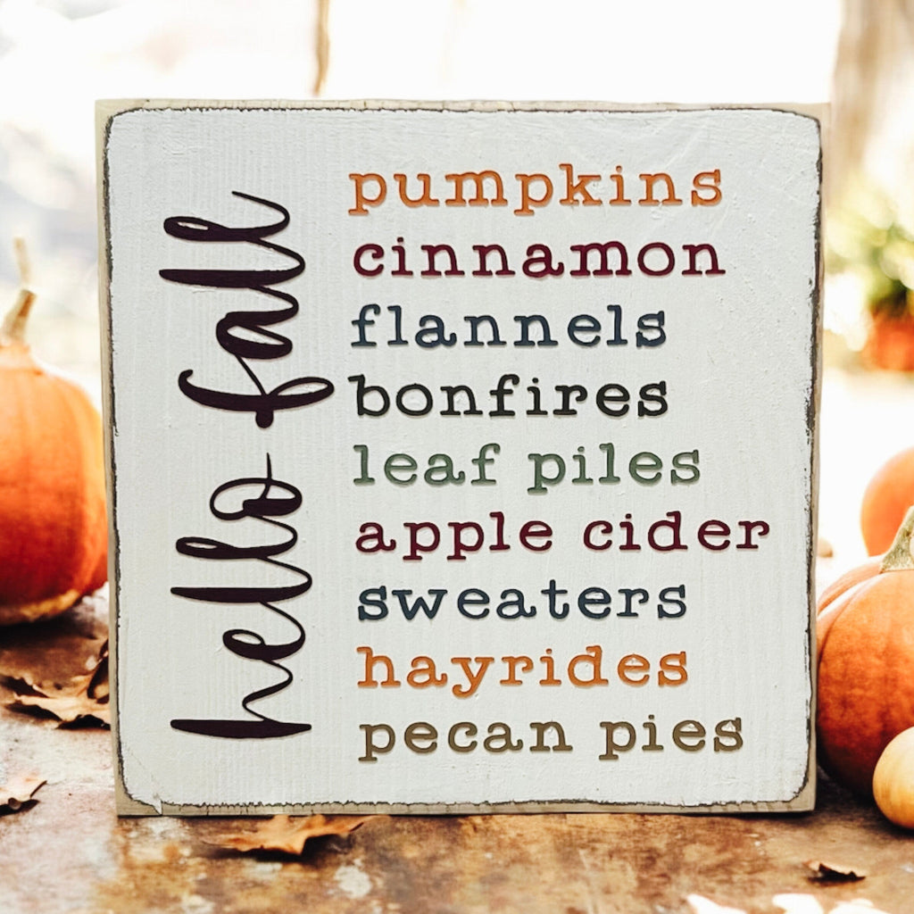 Hello Fall Favorites wood sign with white pumpkins