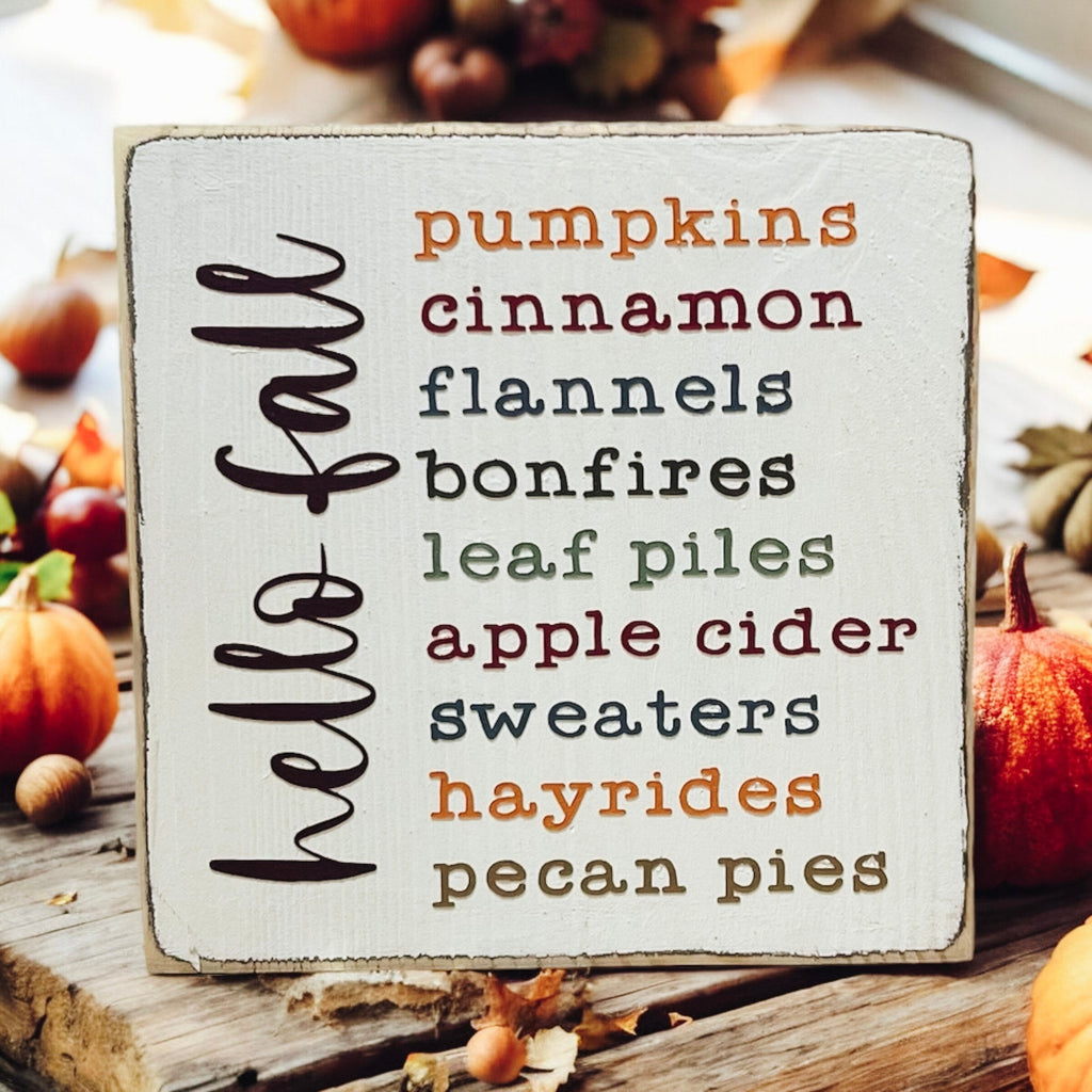 Hello Fall Favorites wood sign with fall leaves