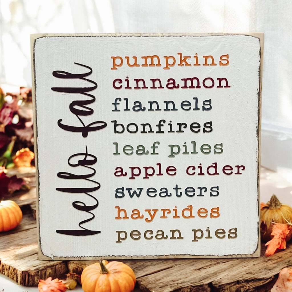 Hello Fall Favorites wood sign warm light