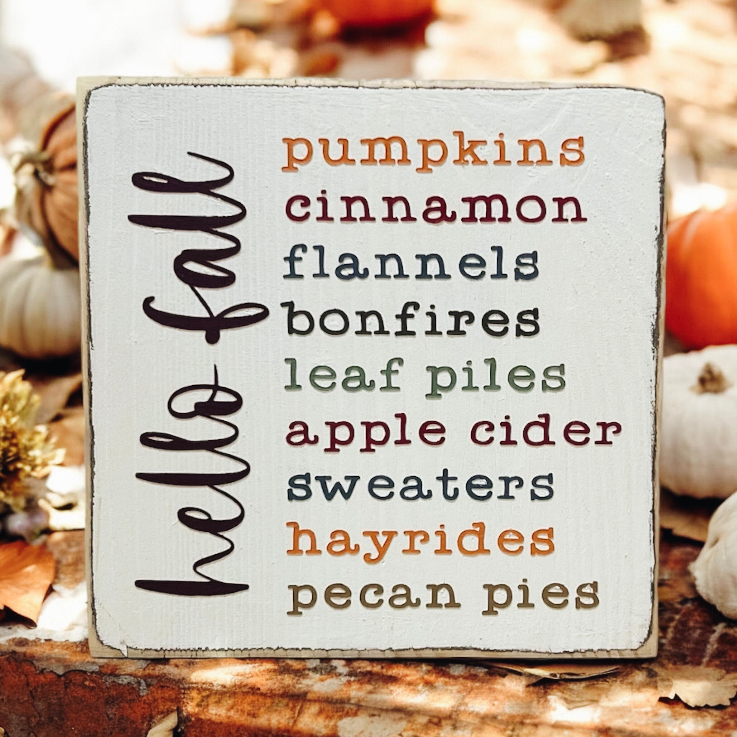 Hello Fall Favorites wood sign close up