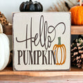 Hello Pumpkin wood block sign with black script and serif lettering and orange pumpkin graphic on distressed white pine product hero shot on white background