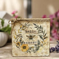Hello Summer bee botanical wood block sign on kitchen counter with herb plants and lavender bouquet