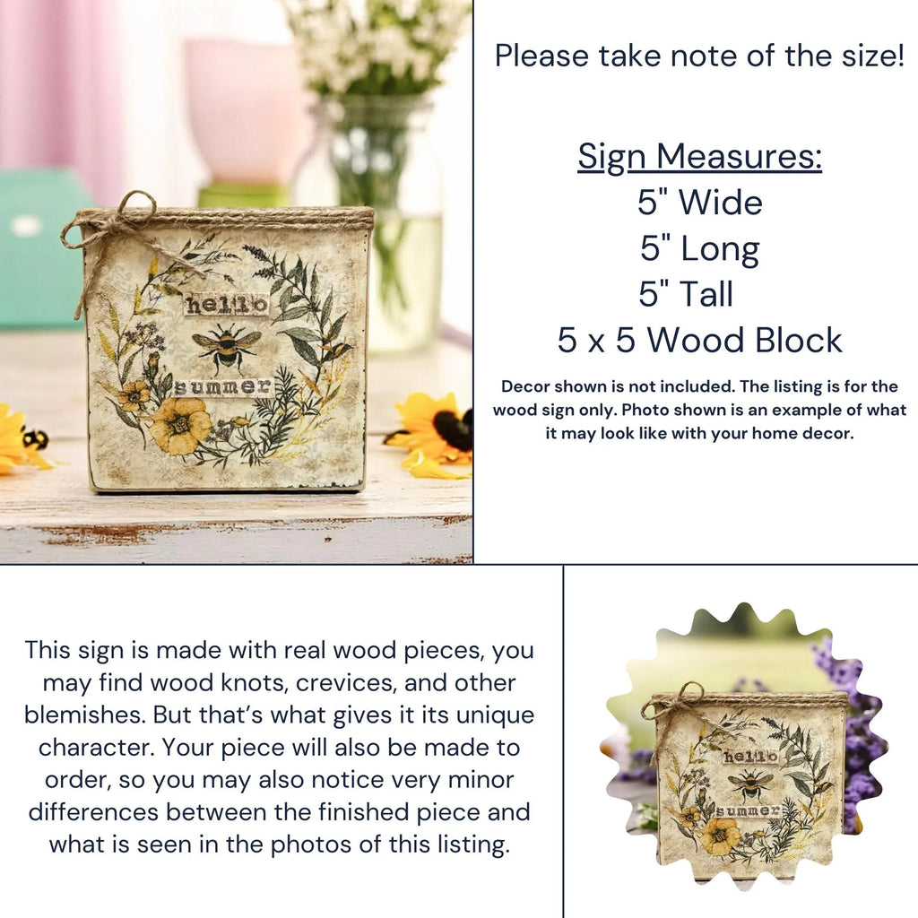 Hello Summer bee sign on rustic wood surface with sunflowers and yellow daisy petals