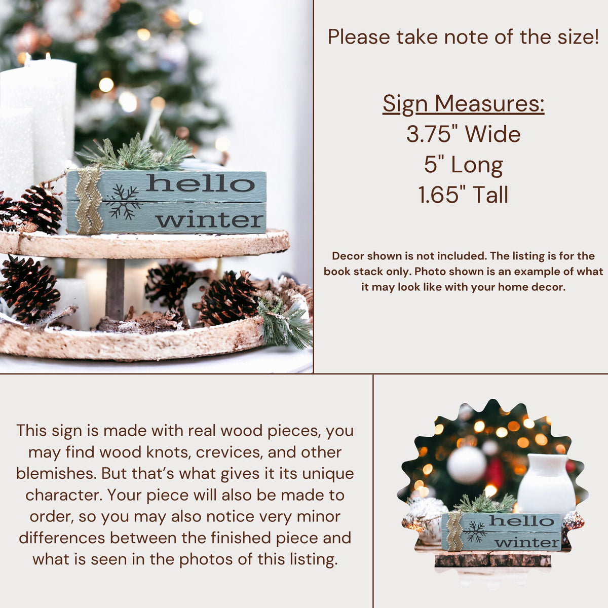 Hello Winter dusty blue wood book stack with snowflake and burlap ribbon on dark tiered tray with white candles and Christmas tree