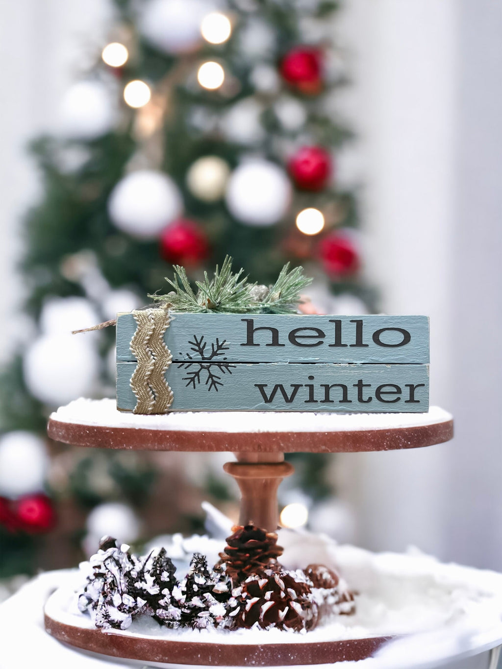 Hello Winter dusty blue wood book stack size reference infographic showing 3.75 wide 5 long 1.65 tall dimensions