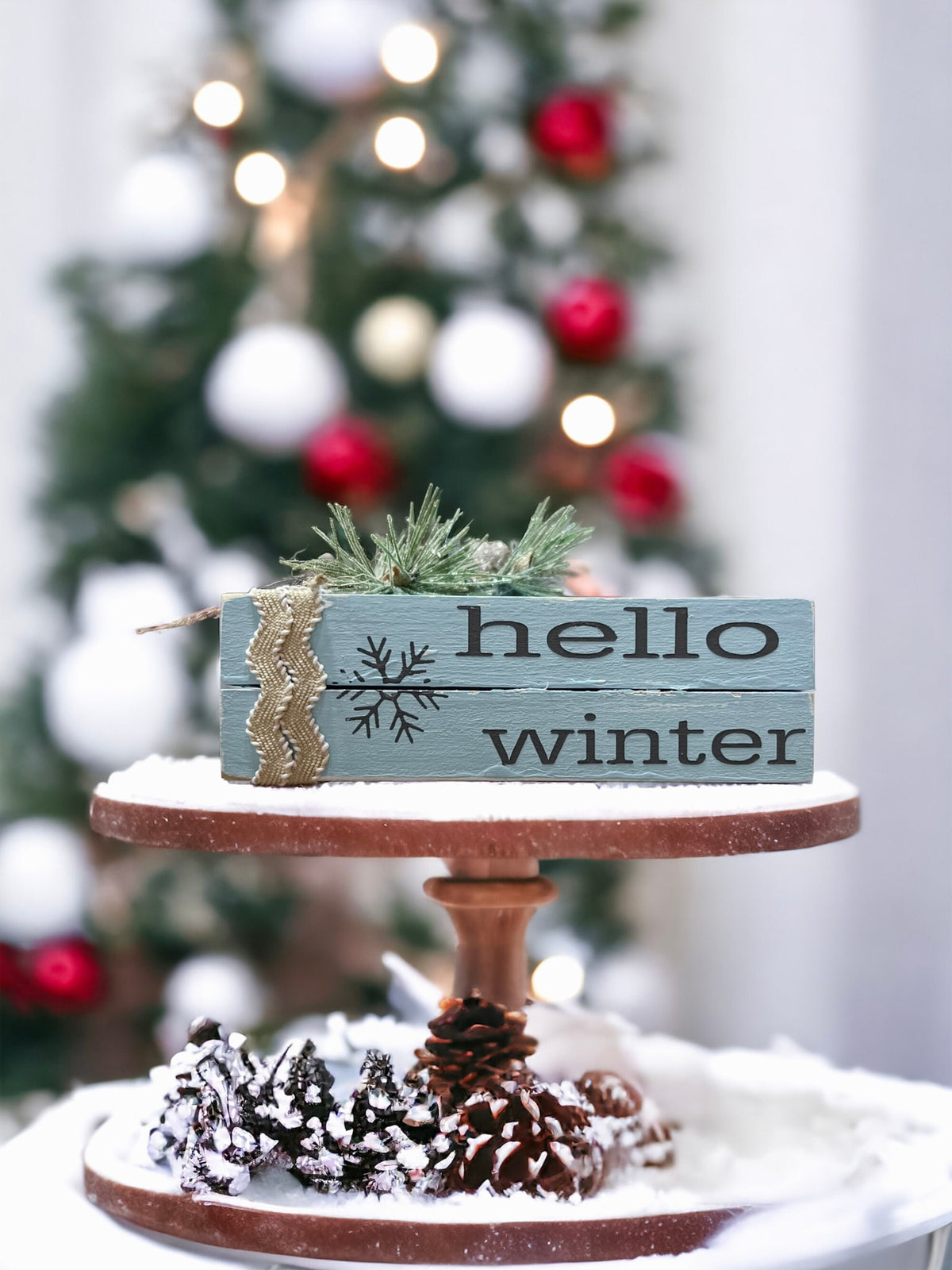 Hello Winter dusty blue wood book stack size reference infographic showing 3.75 wide 5 long 1.65 tall dimensions
