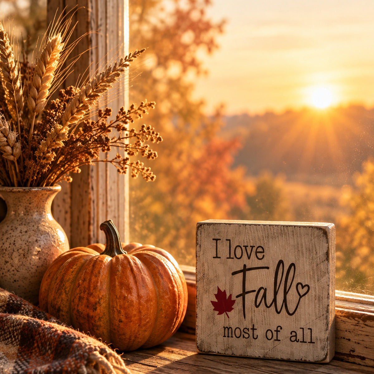I Love Fall Most of All Wood Block Sign - Fall Tiered Tray & Shelf Decor (5"x5")