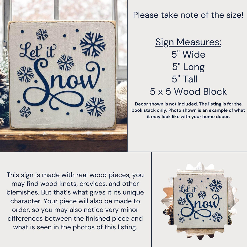 Let It Snow sign on wood surface with cozy knit blanket and pine cones