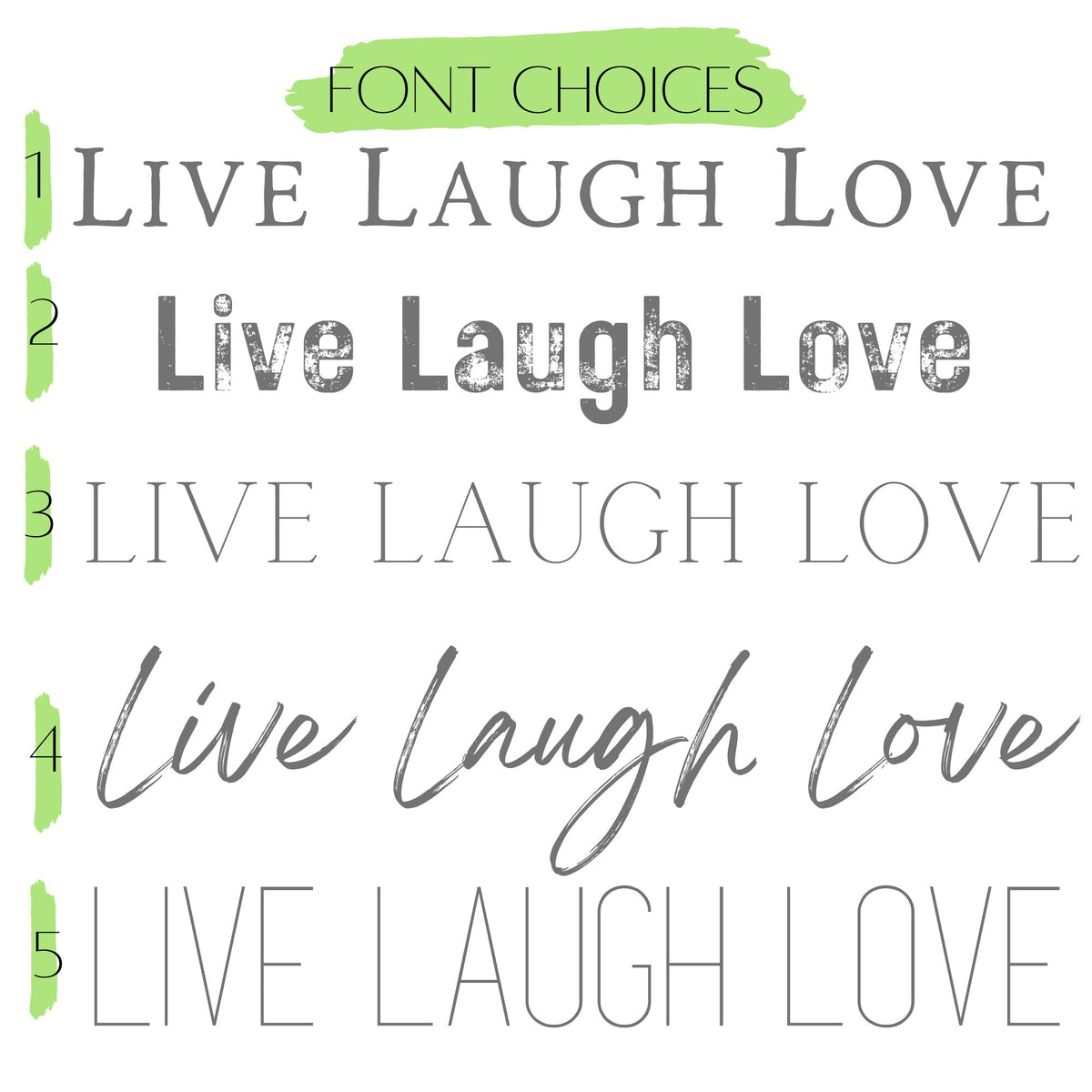 Font choices chart showing 5 font style options for Live Laugh Love personalized pillow