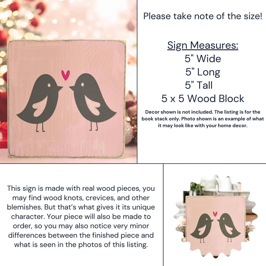 Lovebirds Valentine wood block sign on wood tray with candles and lace decor