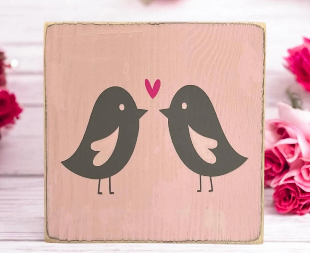 Lovebirds Valentine wood block sign product shot on white background