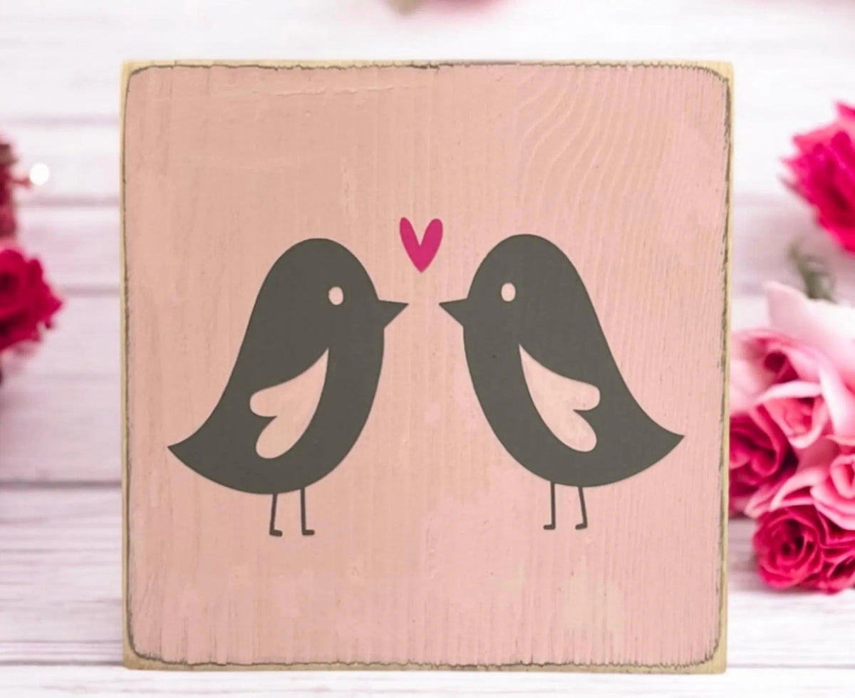 Lovebirds Valentine wood block sign product shot on white background