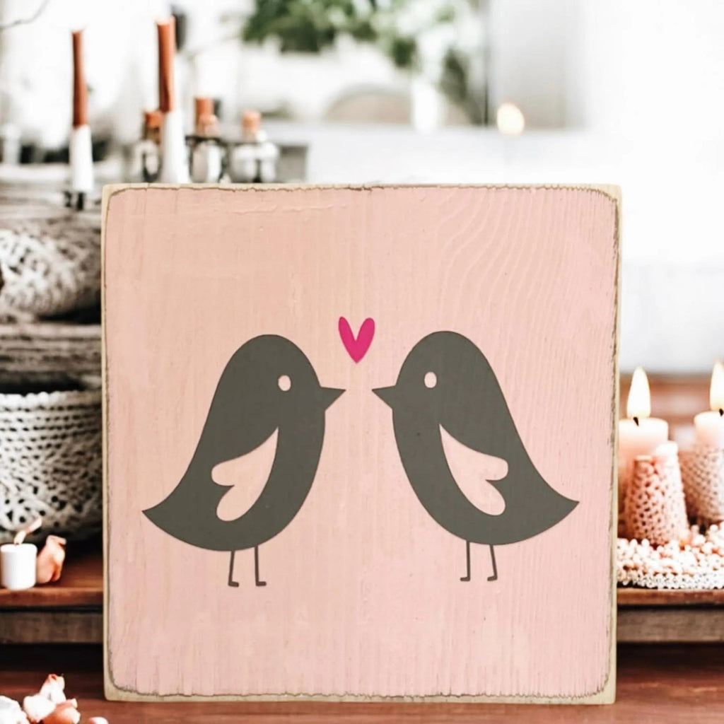 Lovebirds Valentine wood block sign styled with Valentine decor flat lay
