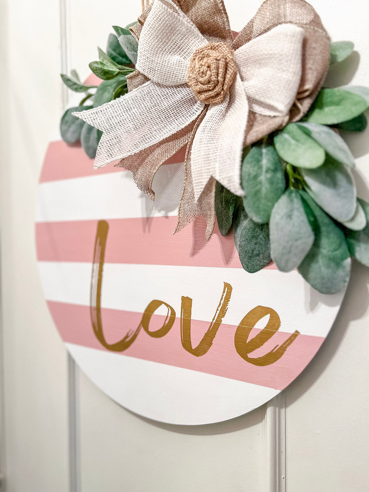 Valentine Love door hanger hanging on white door, full view