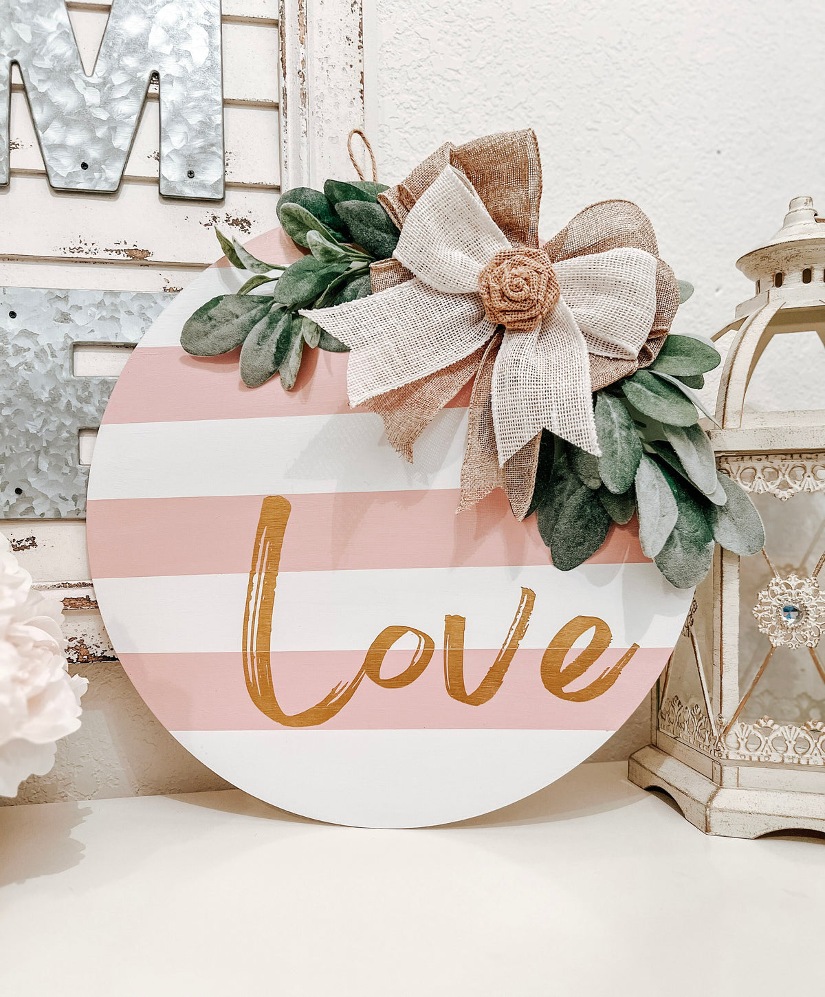 Valentine Love door hanger close-up of gold lettering