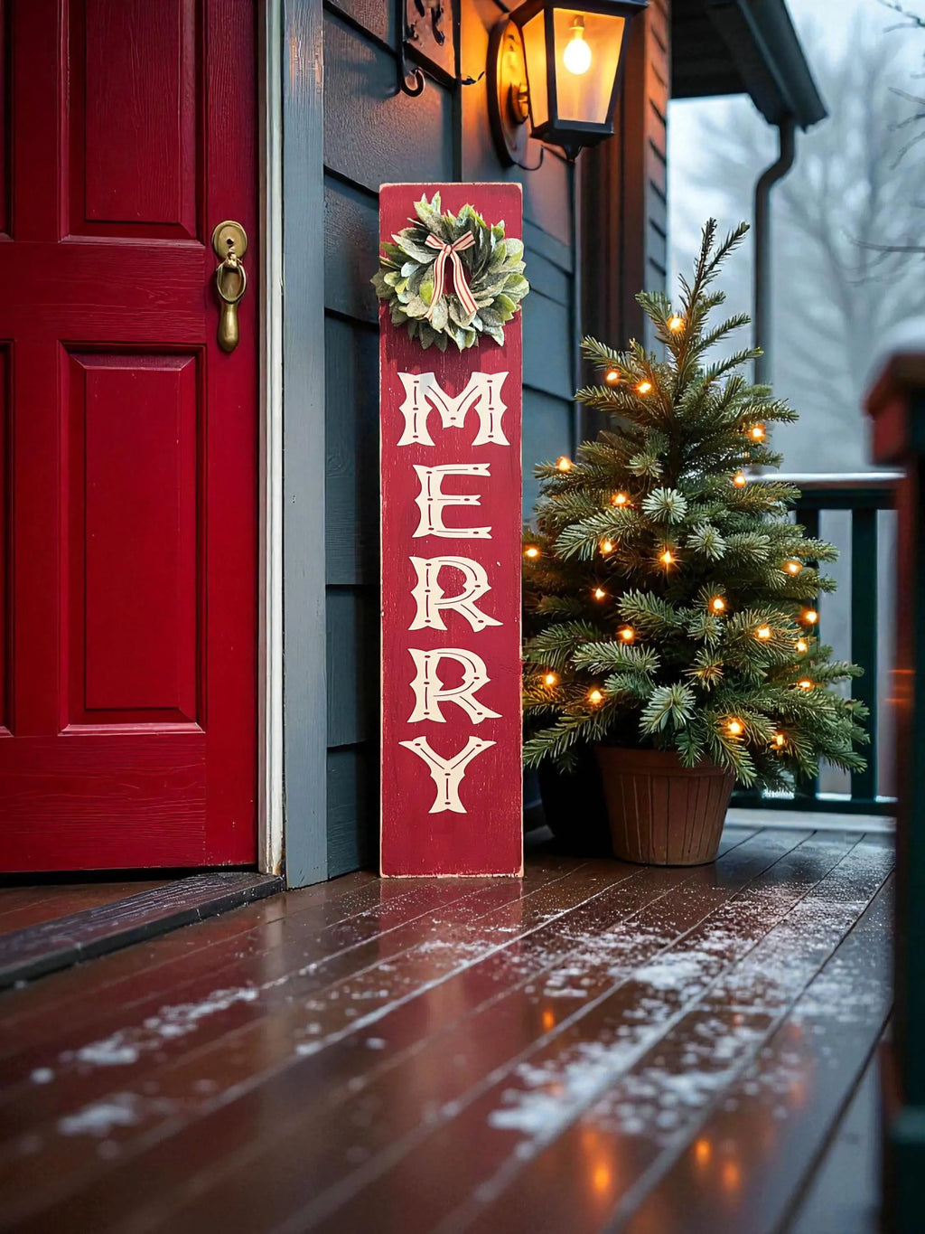 MERRY porch leaner sign with holly wreath leaning against gray front door with Christmas garland and lit Christmas tree
