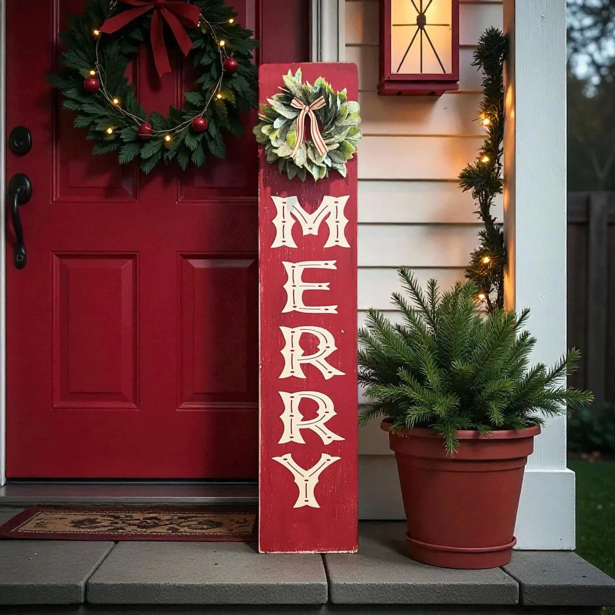 MERRY porch leaner sign with holly wreath leaning against gray front door with lit lanterns and eucalyptus wreath
