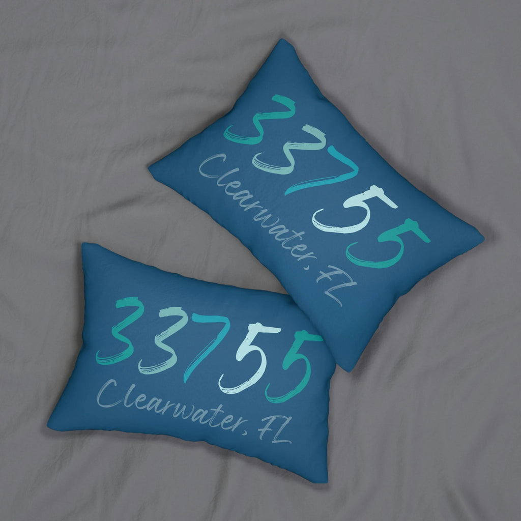Personalized 33755 Clearwater FL navy lumbar pillow product shot on white background angled view