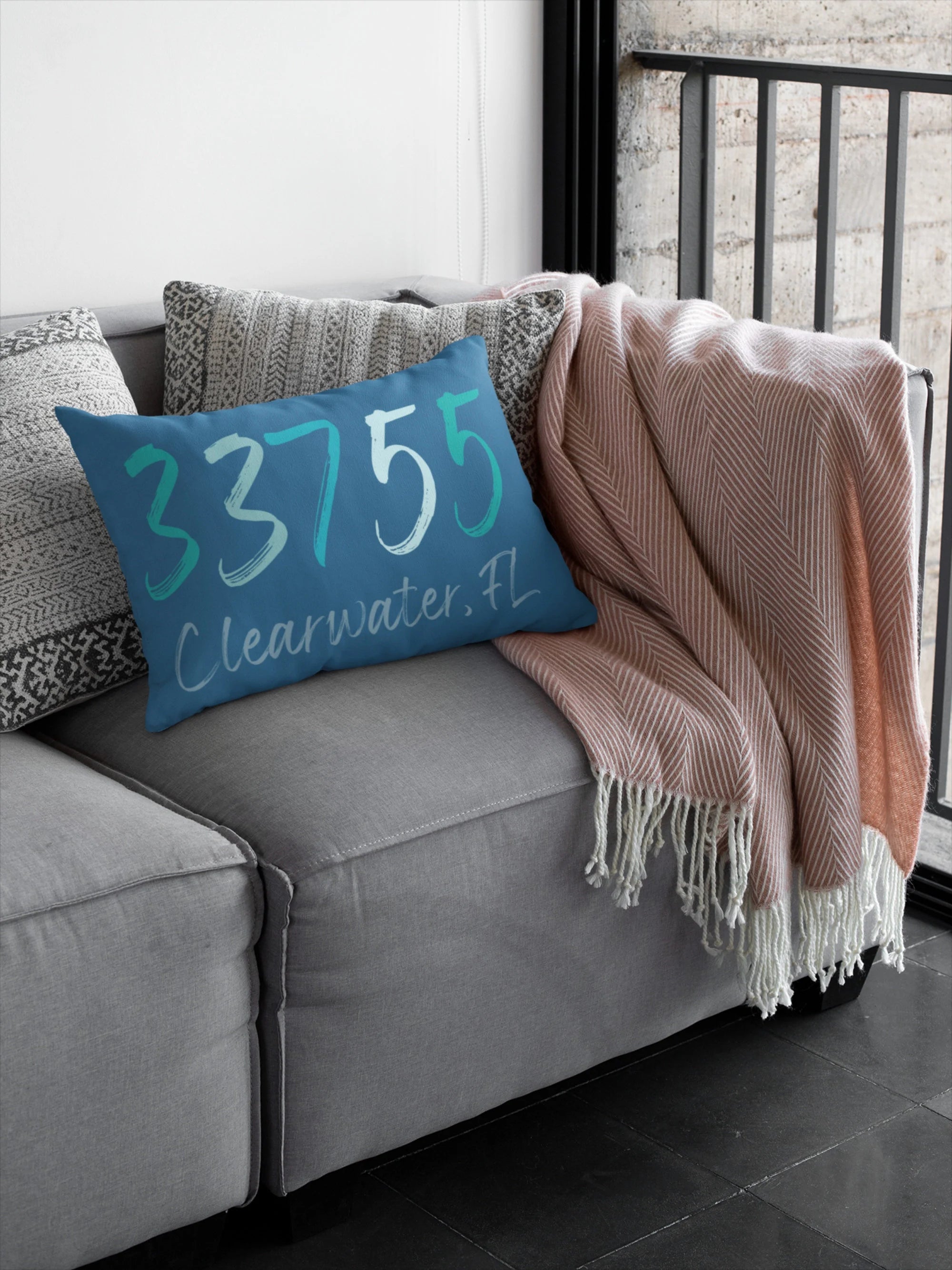 Personalized 33755 Clearwater FL navy lumbar pillow product shot on white background front view