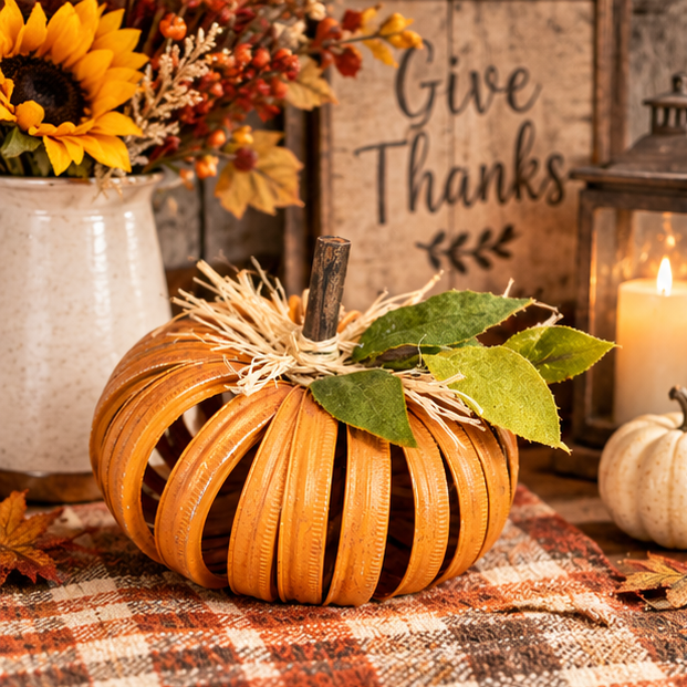 Mason Jar Lid Pumpkin - Rustic Orange Fall Decor (8"x4")