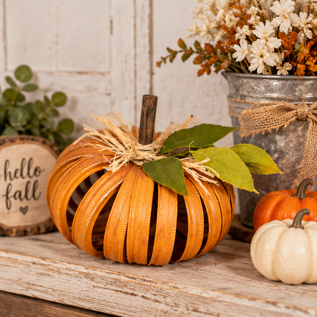 Mason Jar Lid Pumpkin - Rustic Orange Fall Decor (8"x4")