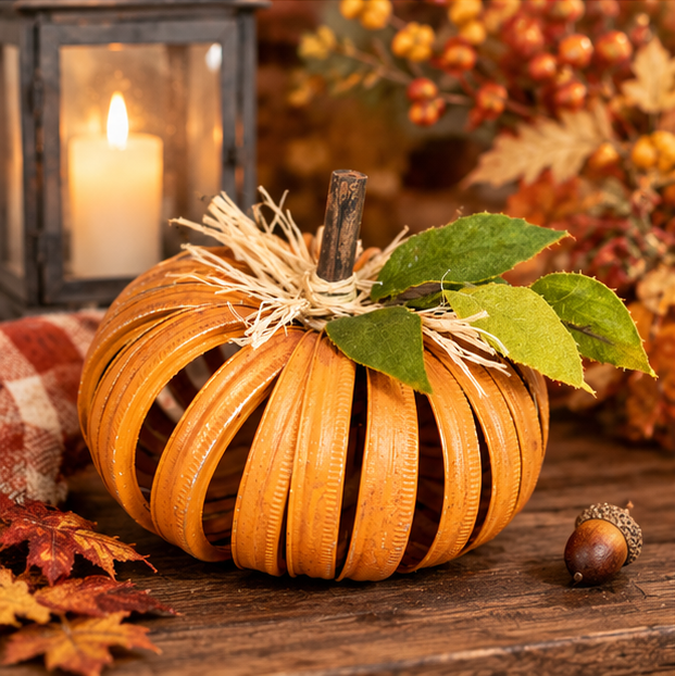 Mason Jar Lid Pumpkin - Rustic Orange Fall Decor (8"x4")