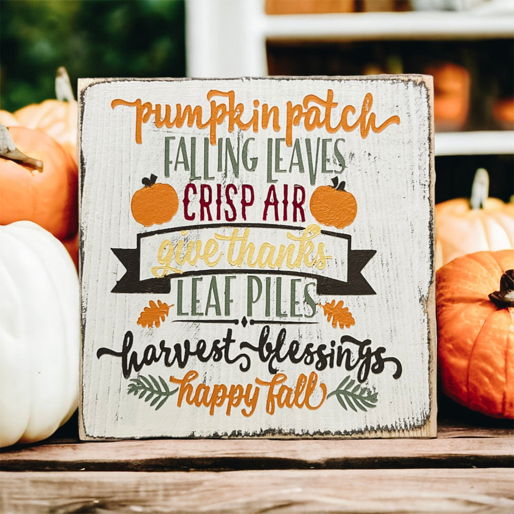 Farmhouse fall sign with pumpkin patch and autumn phrases on tiered tray with glitter pumpkins