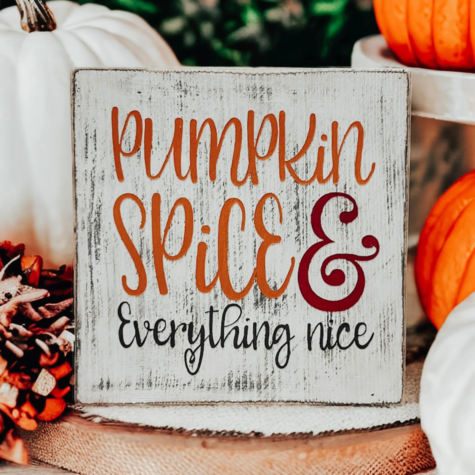 Pumpkin Spice and Everything Nice distressed whitewash wood block sign with amber script orange serif and burgundy ampersand surrounded by orange and white pumpkins on dark wood overhead shot