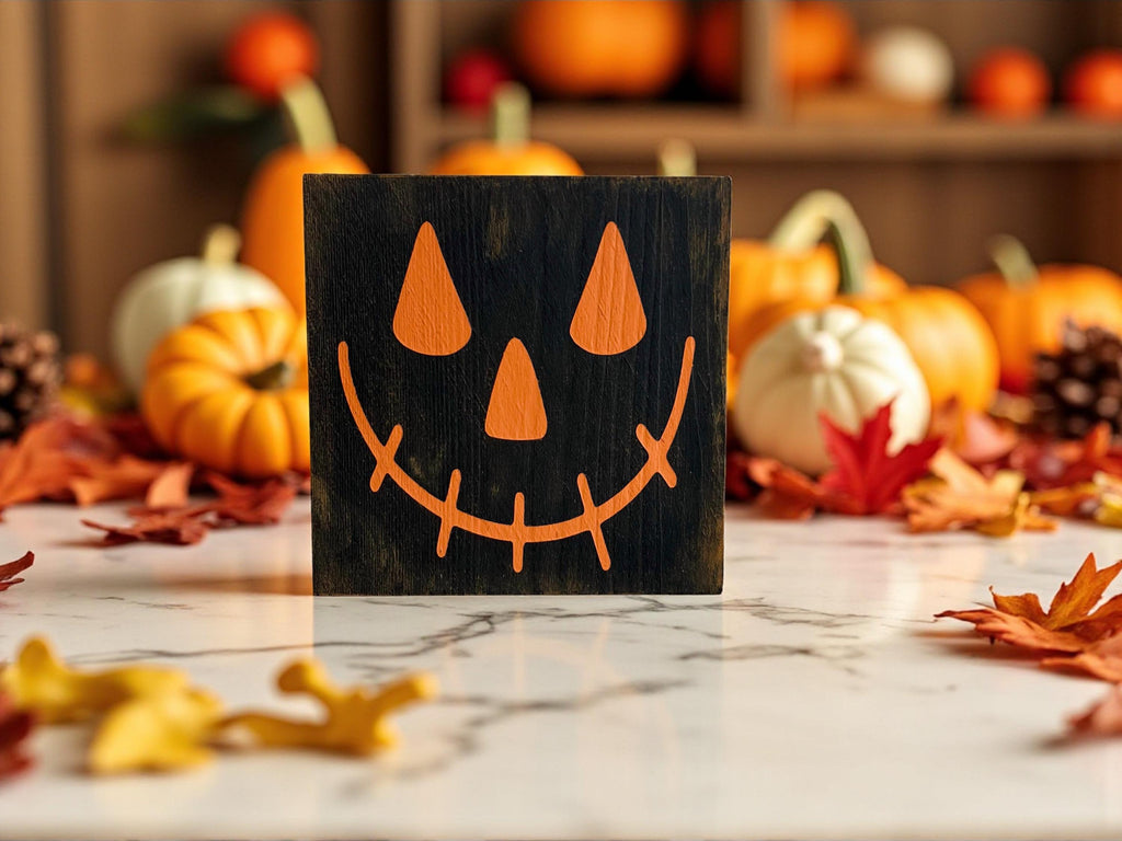 Jack-o-lantern black wood block sign with orange face scarecrow themed product shot on rustic wood surface with pumpkins