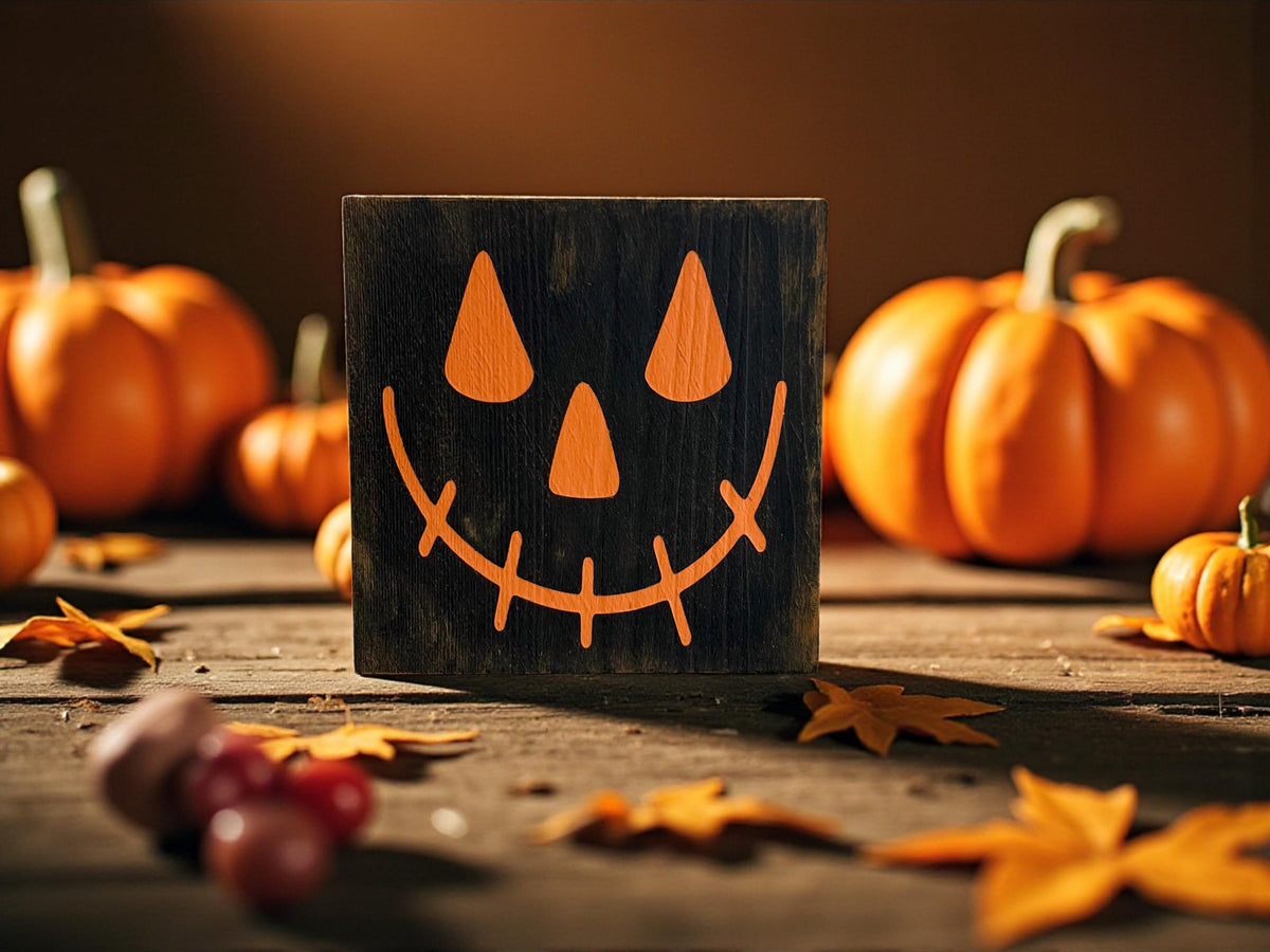 Jack-o-lantern black wood block sign with orange face on white wood surface with orange and yellow pumpkins and fall bokeh background