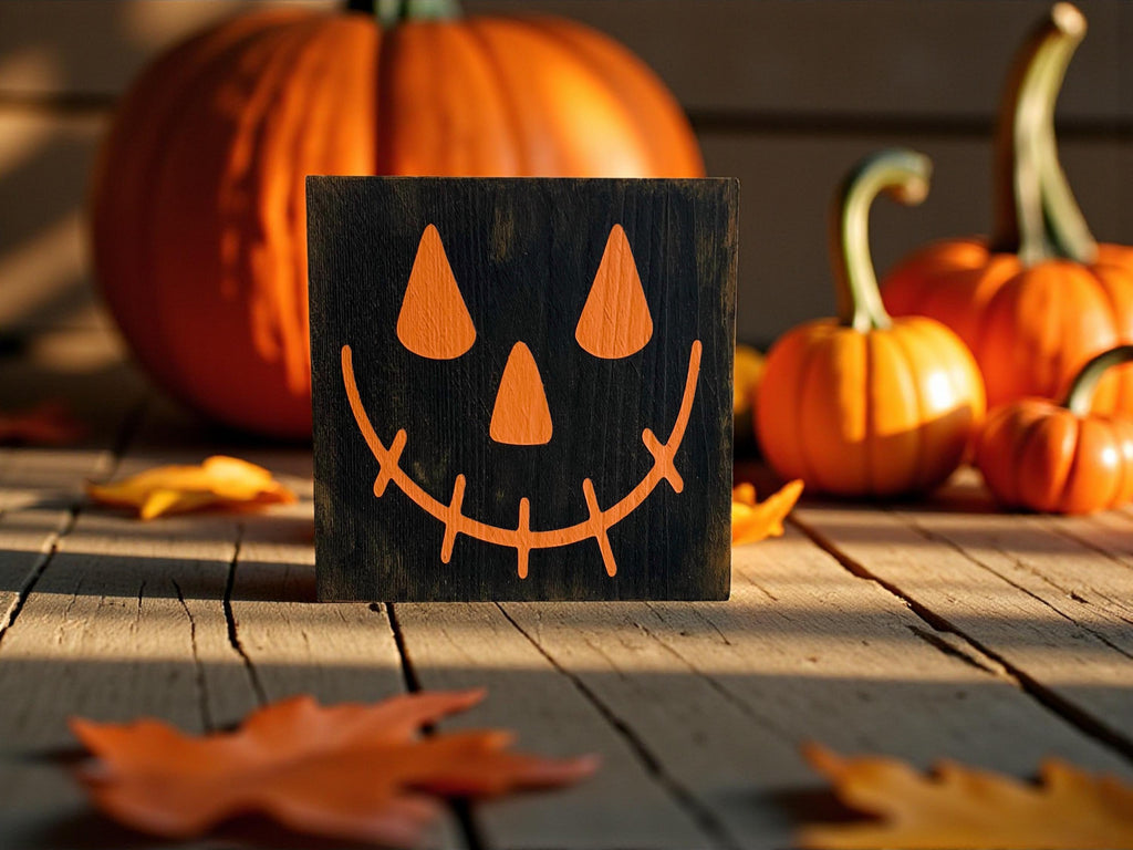 Jack-o-lantern black wood block sign with orange face on white wood surface with pine cones and fall leaves and pumpkins