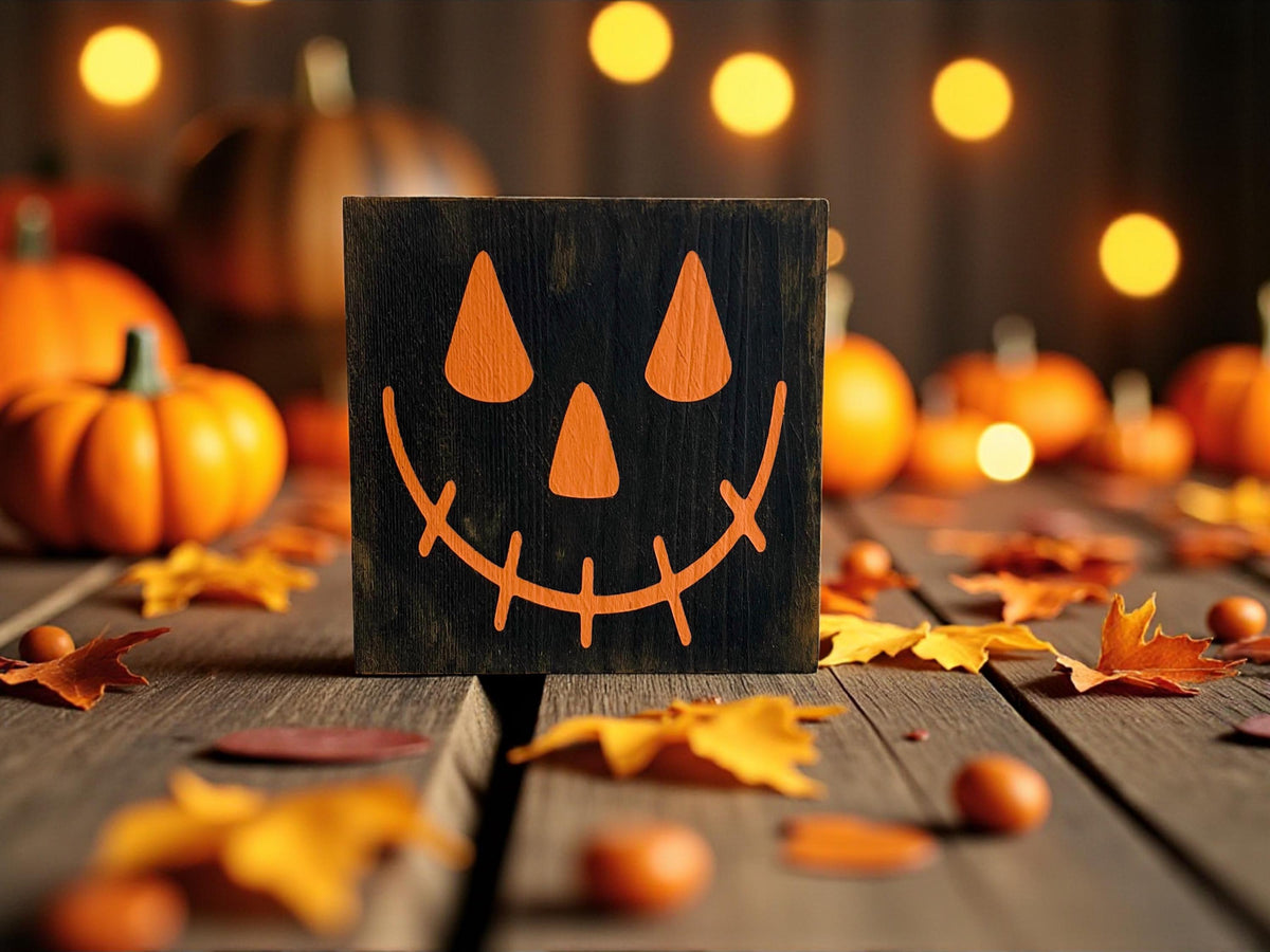 Jack-o-lantern black wood block sign with orange face on dark rustic wood surface surrounded by orange pumpkins and fall leaves
