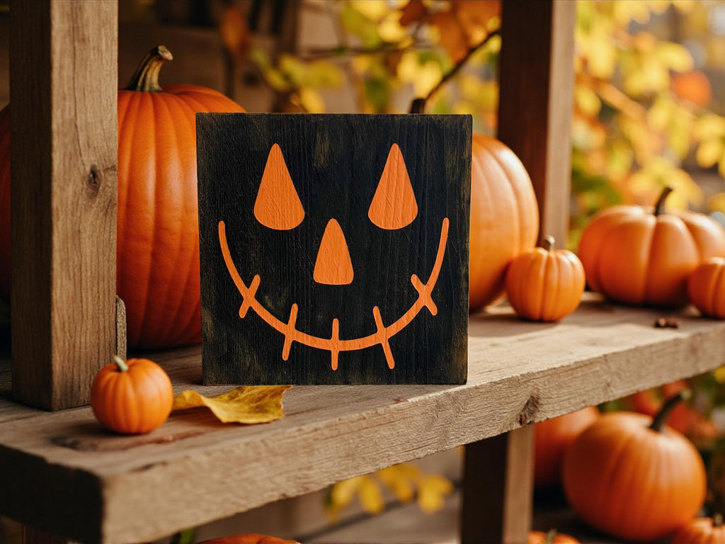 Jack-o-lantern black wood block sign with orange face product shot on rustic wood surface with pumpkins close up
