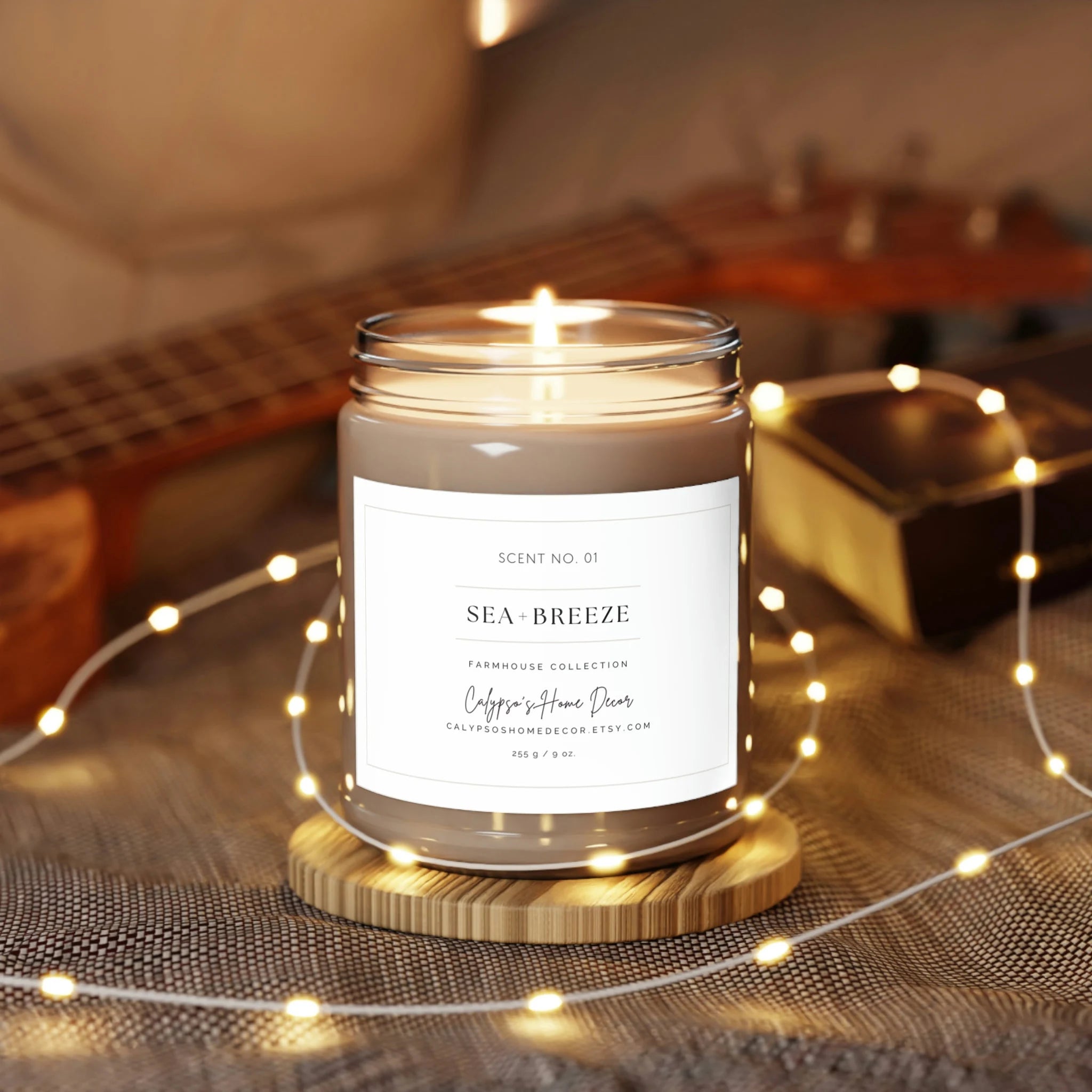 Sea Breeze candle product shot on white background with lid off showing white soy wax and cotton wick